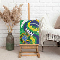 Brazil-themed canvas wall art on a wooden easel, green-blue design with BRASIL and yellow flowers