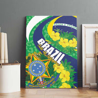 Brazil-themed canvas wall art featuring green-blue flag stripes, yellow flowers, and BRASIL wordmark