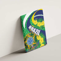 Brazil-themed canvas wall art leaning on a wall, green-blue crest with yellow flowers and BRASIL