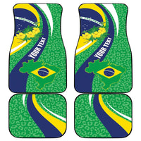 Set of 4 front and rear car mats featuring Brazil flag design on green leopard-pattern fabric