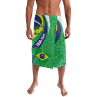 Green graphic knee-length shorts with leopard pattern, Brazil emblem, and diagonal text