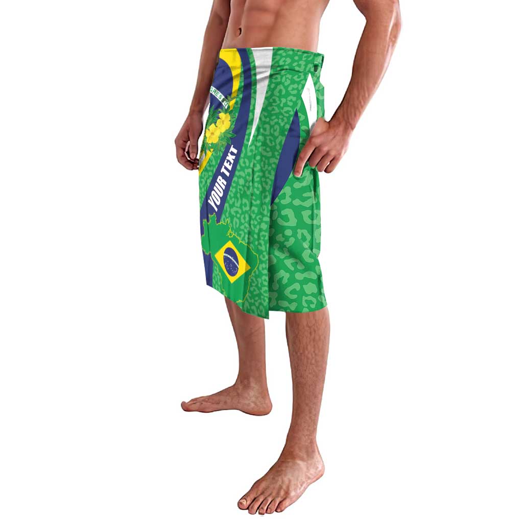 Knee-length green graphic shorts with blue and yellow curved flag panels