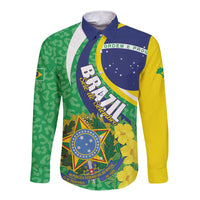 Long-sleeve button shirt with yellow, green, and blue Brazil crest/flag print