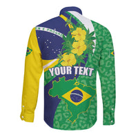 Long-sleeve button shirt with yellow, green, and blue Brazil map and floral print; Your Text