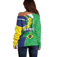 Women’s off-shoulder sweater, back view with Brazil map and flower print