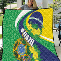 Brazil flag quilt blanket with green wave pattern, yellow sides, and blue emblem