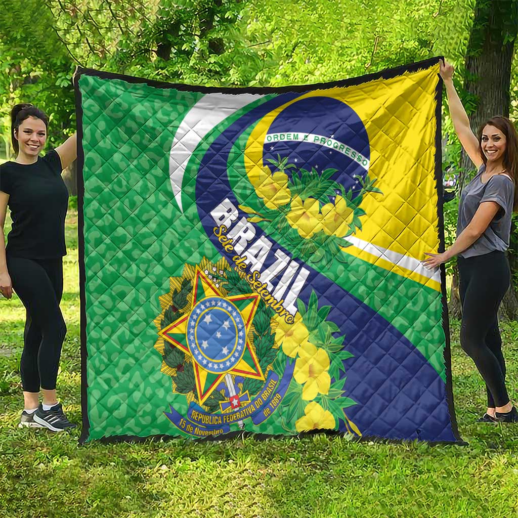 Brazil flag quilt blanket in green, yellow, and blue with crest and floral motifs