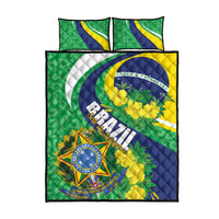 Brazil flag quilt bed set with two pillows and large center crest in green blue yellow