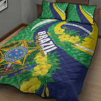Brazil flag quilt bed set, green blue yellow floral crest pattern on quilt and pillow