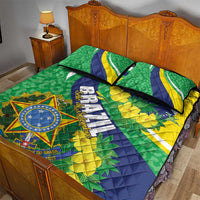Brazil flag quilt bed set with two pillows, green blue yellow floral stripe and crest