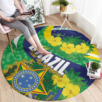 Round Brazil carpet with green leaves, yellow flowers, blue text band, and star emblem