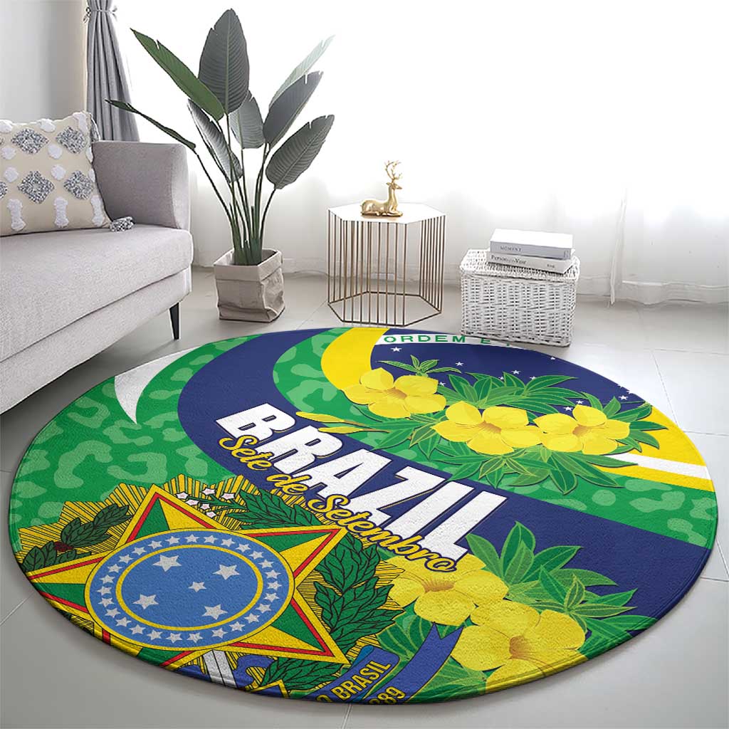Round Brazil carpet with blue center circle, yellow flowers, green foliage, and star badge