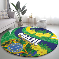 Round Brazil carpet with blue center circle, yellow flowers, green foliage, and star badge
