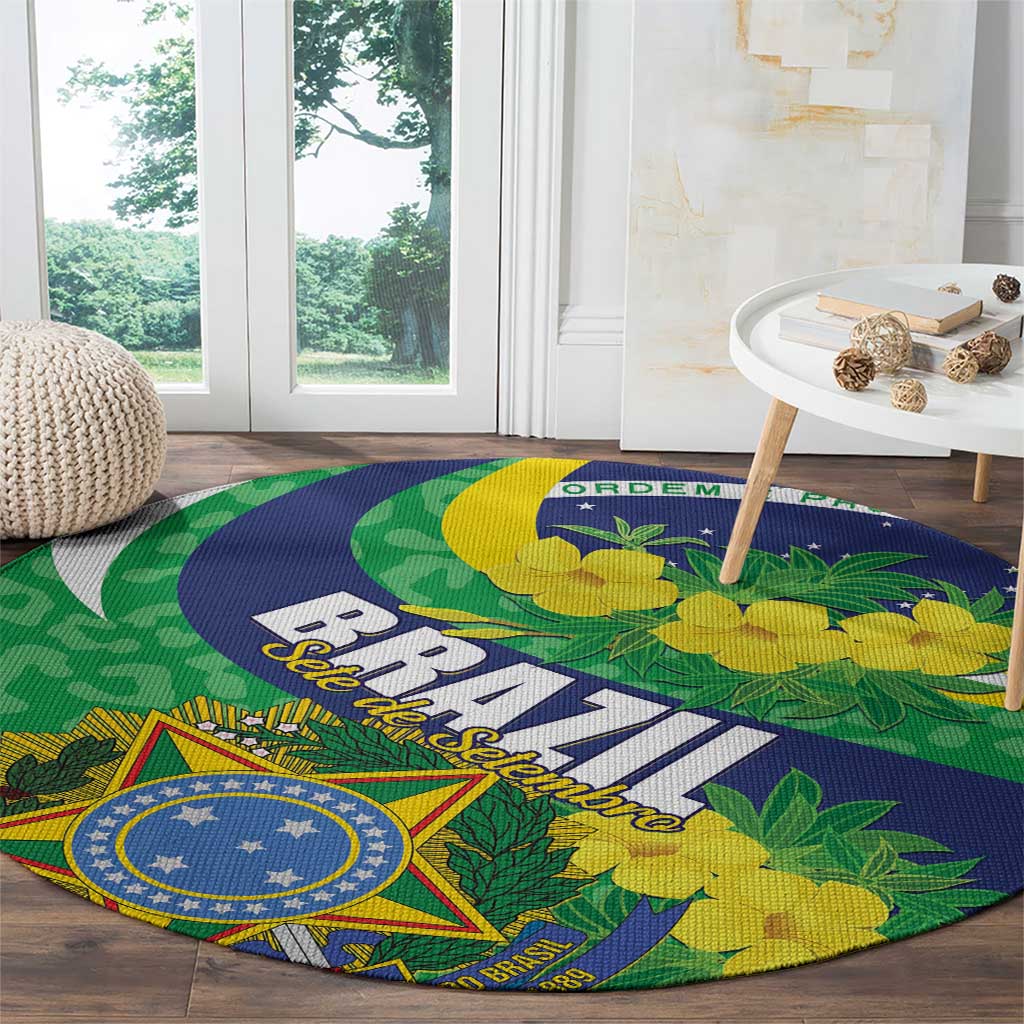 Round Brazil carpet with yellow flowers, green leaves, blue center, and emblem near edge