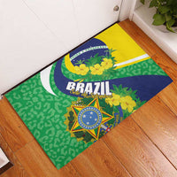 Brazil flag rubber doormat with green base, yellow band, blue curve, and floral crest