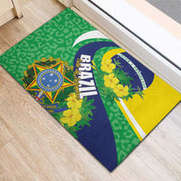 Brazil flag rubber doormat corner view with BRAZIL text and emblem