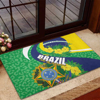 Brazil flag rubber doormat on porch with green floral design and centered crest