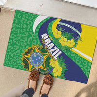 Brazil flag rubber doormat with star emblem, green pattern, and yellow blue diagonal