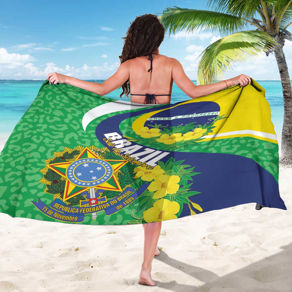 Brazil-themed sarong with green floral leopard print and large crest at center