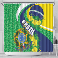 Brazil flag shower curtain with floral crest and Brazil text, green yellow and blue panels.