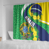 Brazil flag shower curtain featuring crest emblem and yellow flowers on green and blue background.
