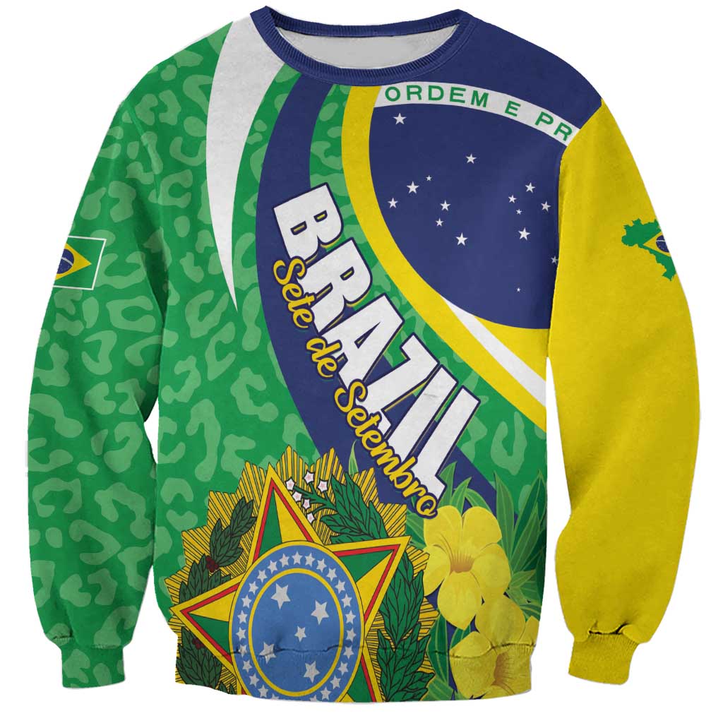 Unisex sweatshirt with Brazil crest, blue circle, and yellow-green leopard pattern