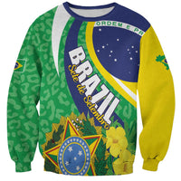 Unisex sweatshirt with Brazil crest, blue circle, and yellow-green leopard pattern