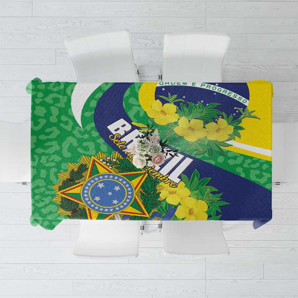 Rectangular tablecloth with Brazil-themed flag and yellow floral pattern in green and blue.
