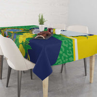 Rectangular tablecloth with blue center panel and green/yellow leaf pattern, Brazil-themed print.