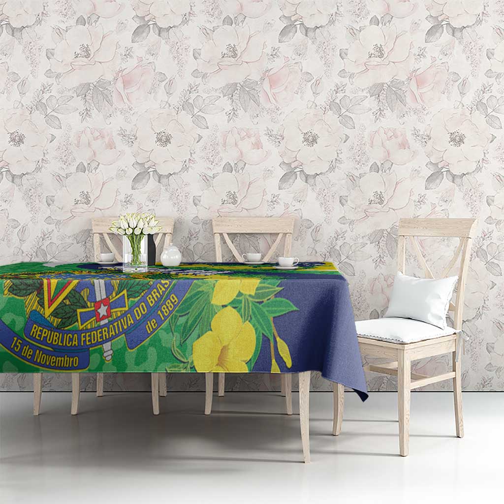 Rectangular tablecloth featuring Brazil flag text, green foliage, and yellow flowers on blue base.