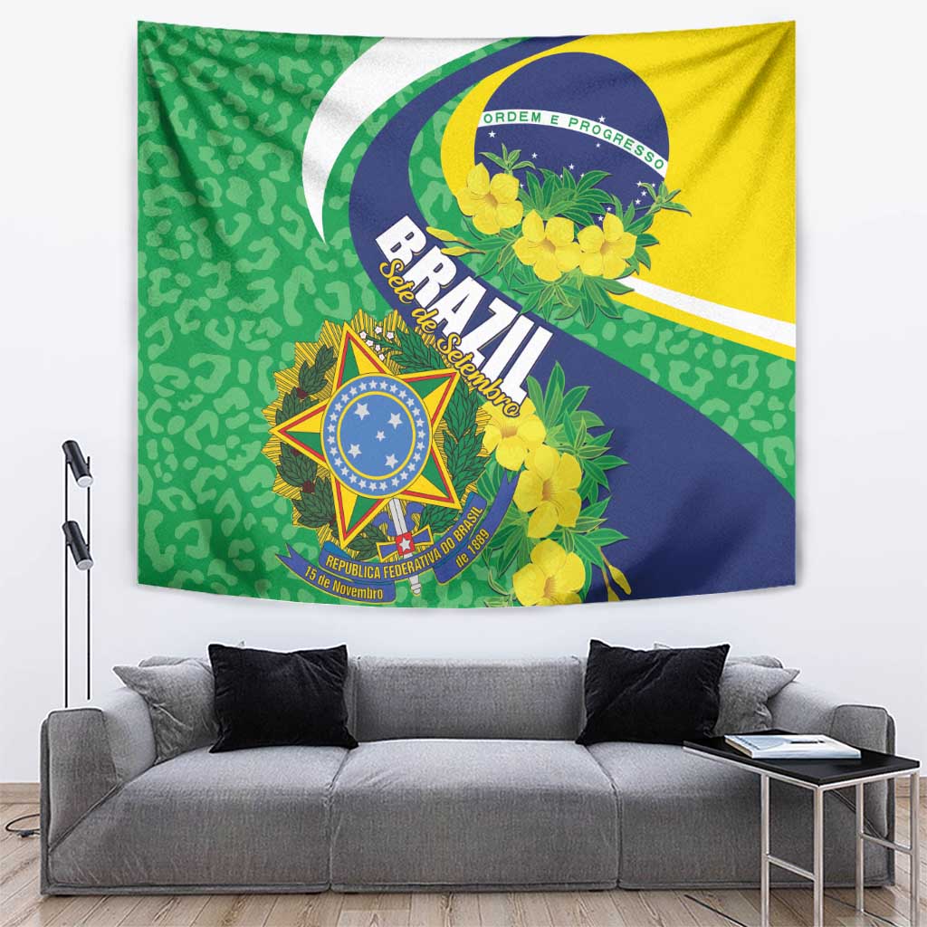 Brazil flag tapestry with green, yellow, blue sections and central crest with flowers