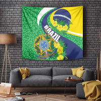 Brazil flag tapestry wall hanging with green patterned area, yellow field, blue emblem