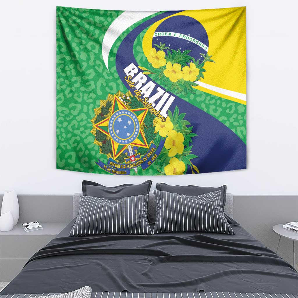 Brazil flag tapestry showing green leopard-like pattern, yellow top corner, blue crest