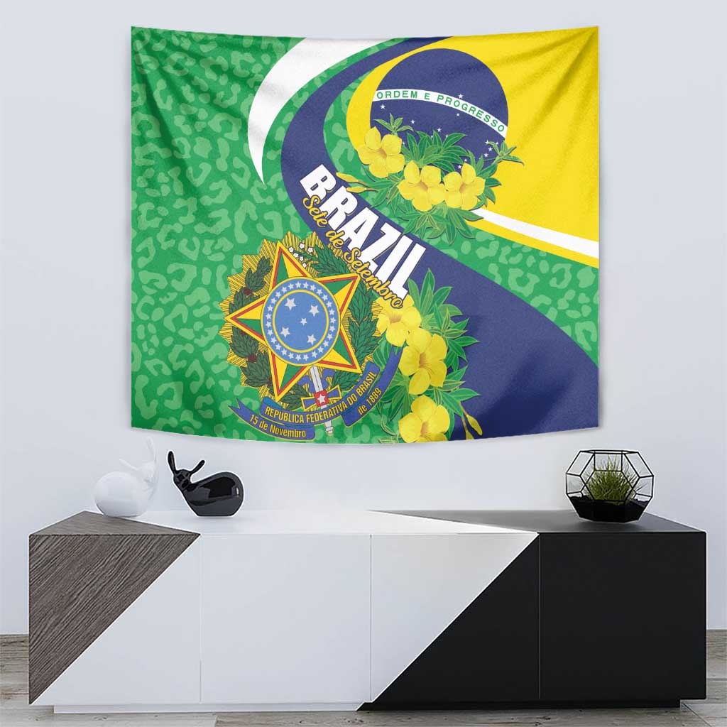 Brazil flag tapestry with diagonal blue band, green patterned field, yellow floral details