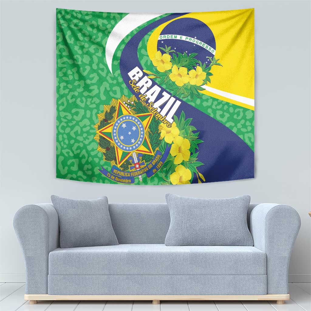 Brazil flag tapestry featuring green pattern, yellow background, blue crest and flowers