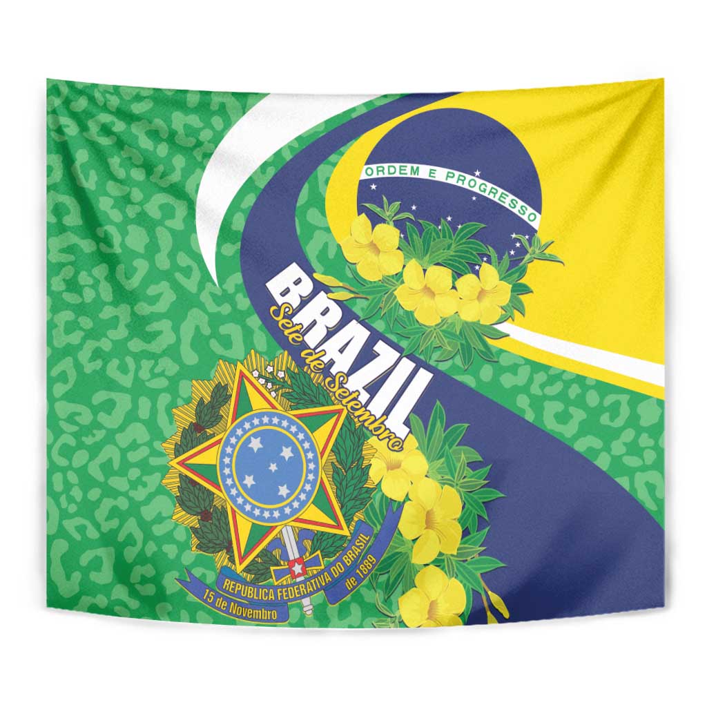 Brazil flag tapestry close view with green patterned field, yellow corner, blue emblem