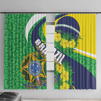Pair of window curtains showing green leopard and yellow-blue flower Brazil flag design.