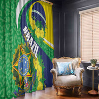 Window curtains in green leopard and yellow-blue floral Brazil flag print, with gold accents.