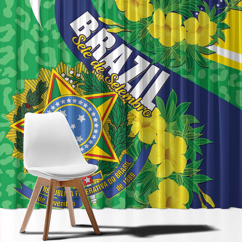 Window curtain fabric close-up: green leopard pattern with Brazil flag colors and yellow flowers.