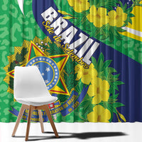 Window curtain fabric close-up: green leopard pattern with Brazil flag colors and yellow flowers.