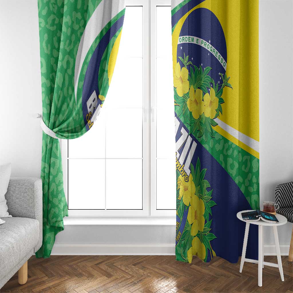 Two-panel window curtains with green leopard and yellow-blue flower design framing a window.