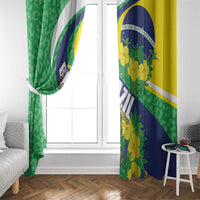 Two-panel window curtains with green leopard and yellow-blue flower design framing a window.