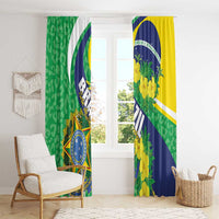 Two-panel window curtain set with green leopard pattern and yellow-blue floral Brazil design.