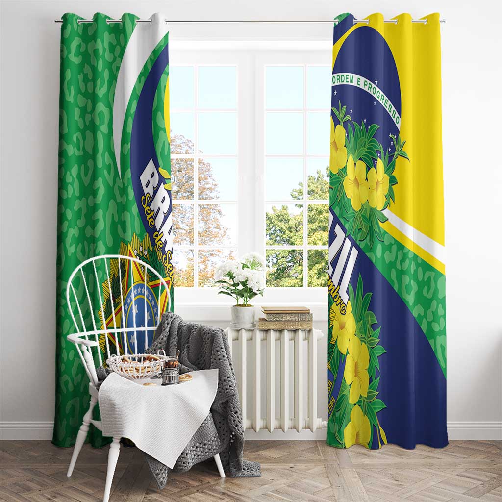 Window curtain pair with green leopard and yellow-blue flower Brazil flag artwork, hanging over glass.