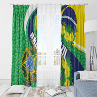 Two-panel window curtain set with green leopard texture and yellow-blue floral Brazil design.
