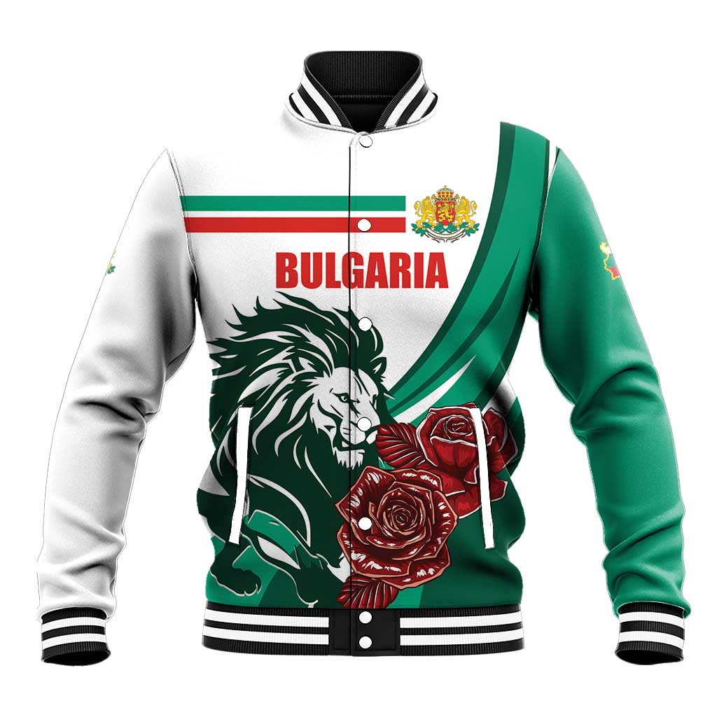 Unisex varsity baseball jacket with Bulgaria crest lion and roses, white green sleeves