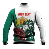 Unisex varsity baseball jacket with lion and roses crest graphic on back, striped collar