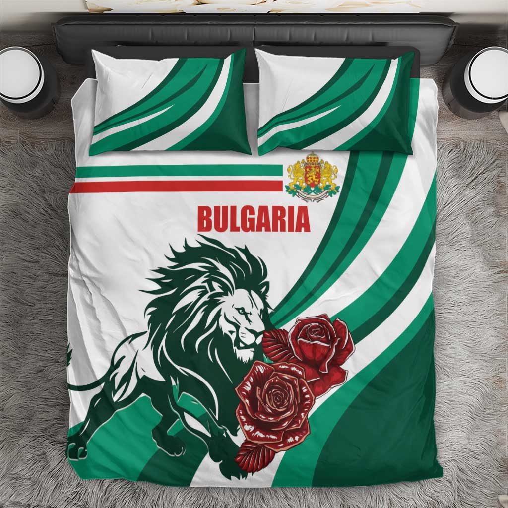 Bedding set with white base, green stripe pattern, lion graphic, and red roses