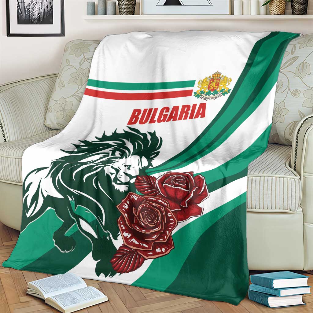 Draped Bulgaria blanket showing lion face, red roses, and green stripe panel