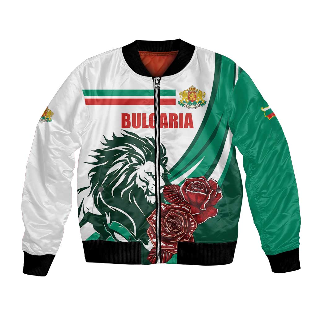 White and green bomber jacket with front zipper, Bulgaria lion and rose patch, ribbed cuffs